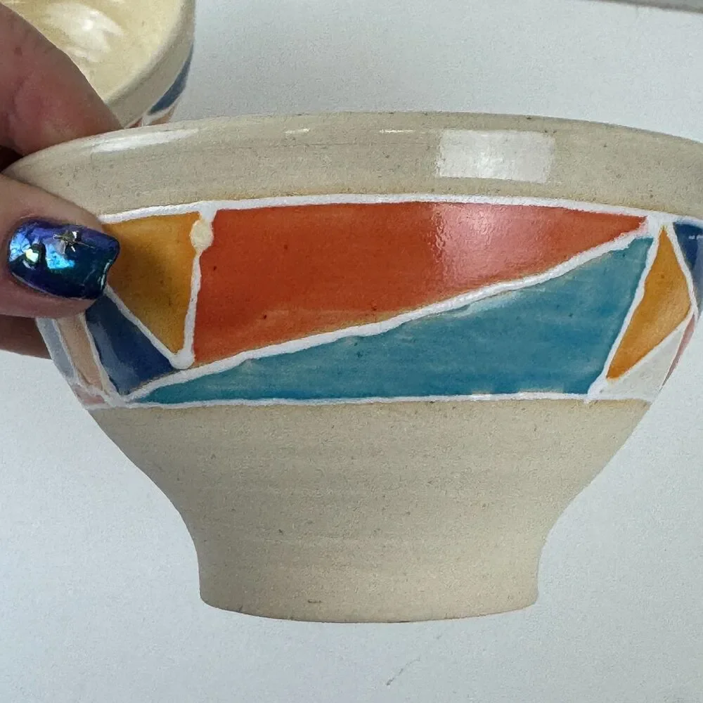 Handmade Ceramic Stoneware Nesting Bowls Colorful Abstract Geometric Design 2003